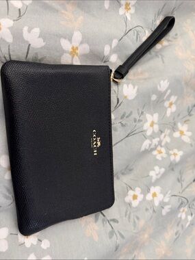 Coach Black Leather Zip Wristlet with Gold Logo